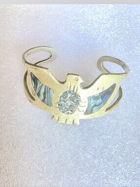 Vintage Mexican Brass Abalone Shell Inlay Thunderbird Cuff Bracelet - Mid Centur